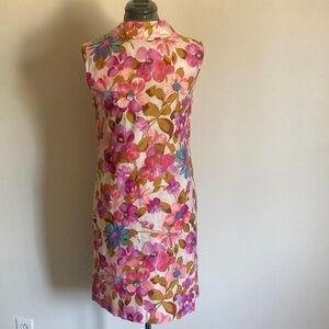 1960s Floral High-Neck Sleeveless Mini Dress - Pink and Blue